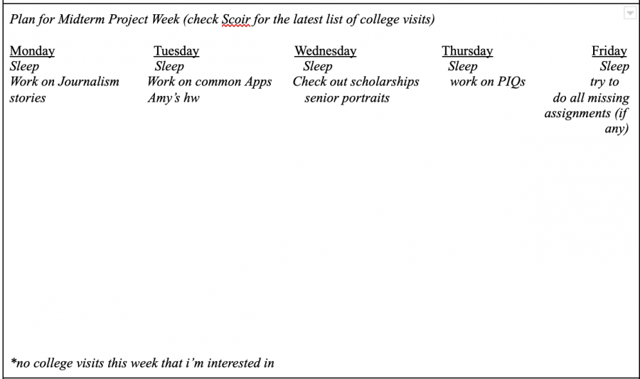 Several advisors had students create a schedule for what they would plan to do during Mid-Term Project Week. (Photo courtesy of Gaby Sainz-Medina)