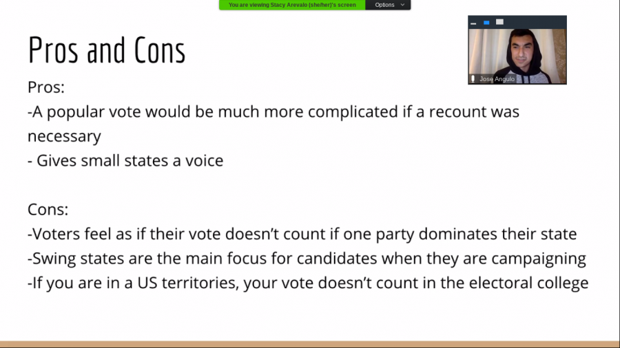Screenshot of senior Jose Angulo listing pros and cons of the Electoral College system at the school-wide meeting on Zoom on Nov. 6.