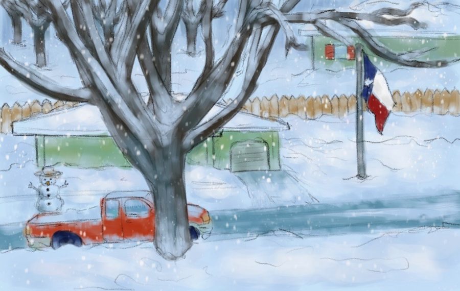 Illustration of homes in Texas covered in snow.