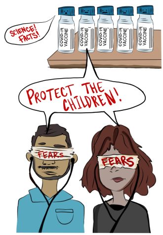 Parents fear over the vaccine. Editorial cartoon by Jocelyn Urbina