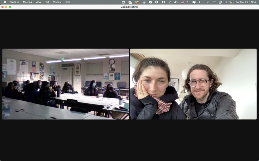 Noah Sneider and Uliana Dobrova meet on Zoom with the Journalism staff on March 25.