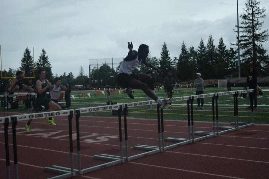 Sophomore Brain Okemwa running the 110 hurdles on May 5, winning and placing 1st to qualify for CCS.