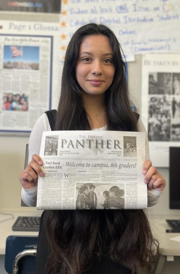 Editor-in-Chief Jocelyn Urbina and the February 2023 issue of The Eastside Panther.